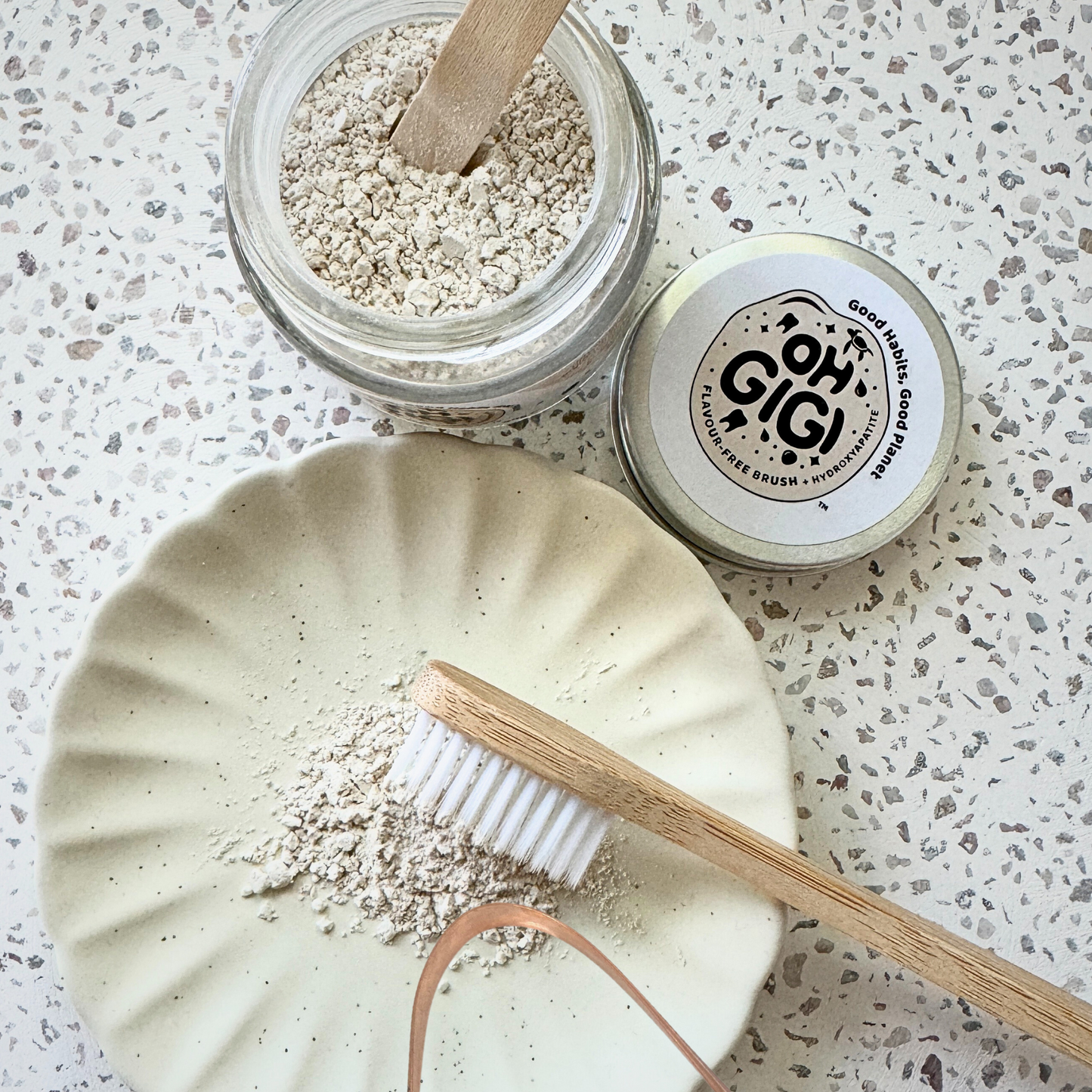 Organic Tooth Powder 'Flavour Free Brush' + Hydroxyapatite & Pure Copper Tongue Cleaner Oral Detox Kit