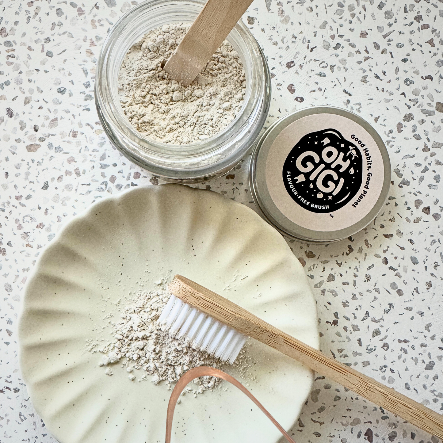 Organic Tooth Powder 'Flavour Free Brush' & Pure Copper Tongue Cleaner Oral Detox Kit