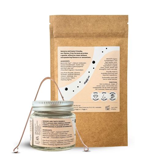 Ultimate Hydroxyapatite Tooth Powder 'Flavour-Free Brush' Jar and Refill with a Pure Copper Tongue Cleaner Oral Detox Kit