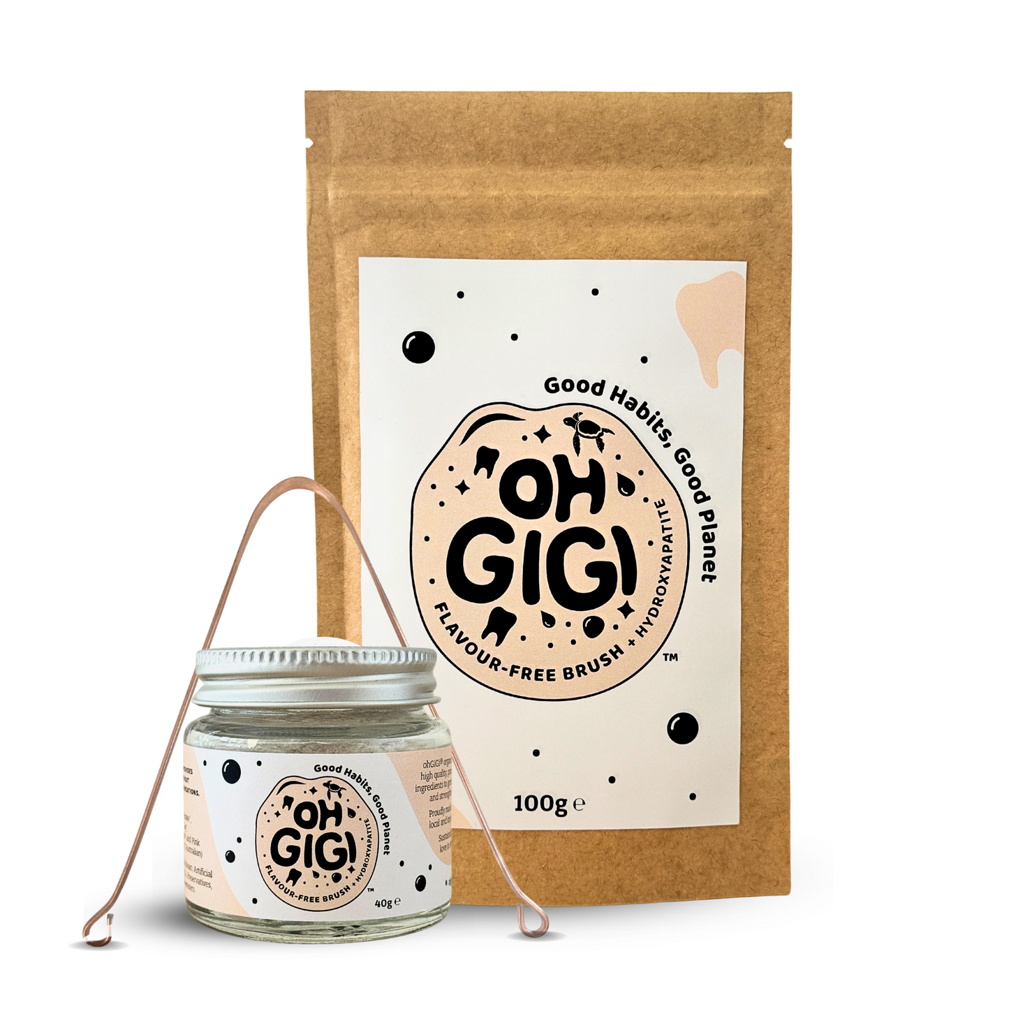 Ultimate Hydroxyapatite Tooth Powder 'Flavour-Free Brush' Jar and Refill with a Pure Copper Tongue Cleaner Oral Detox Kit