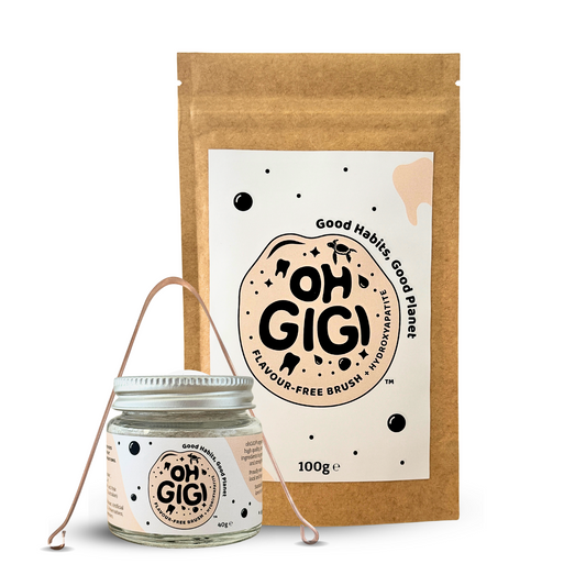 Ultimate Hydroxyapatite Tooth Powder 'Flavour-Free Brush' Jar and Refill with a Pure Copper Tongue Cleaner Oral Detox Kit