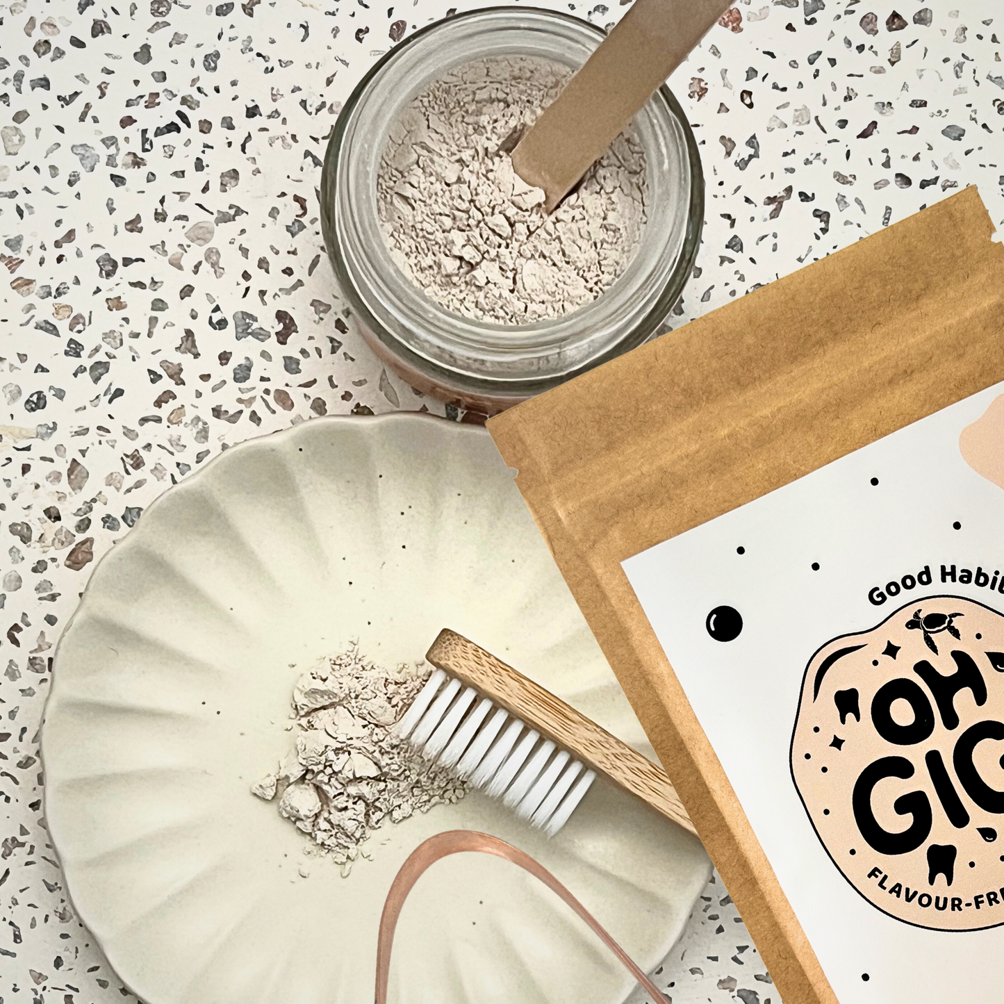 Ultimate Hydroxyapatite Tooth Powder 'Flavour-Free Brush' Jar and Refill with a Pure Copper Tongue Cleaner Oral Detox Kit