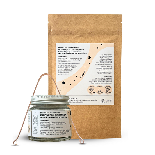 Ultimate Organic Tooth Powder 'Flavour-Free Brush' Jar and Refill with a Pure Copper Tongue Cleaner Oral Detox Kit