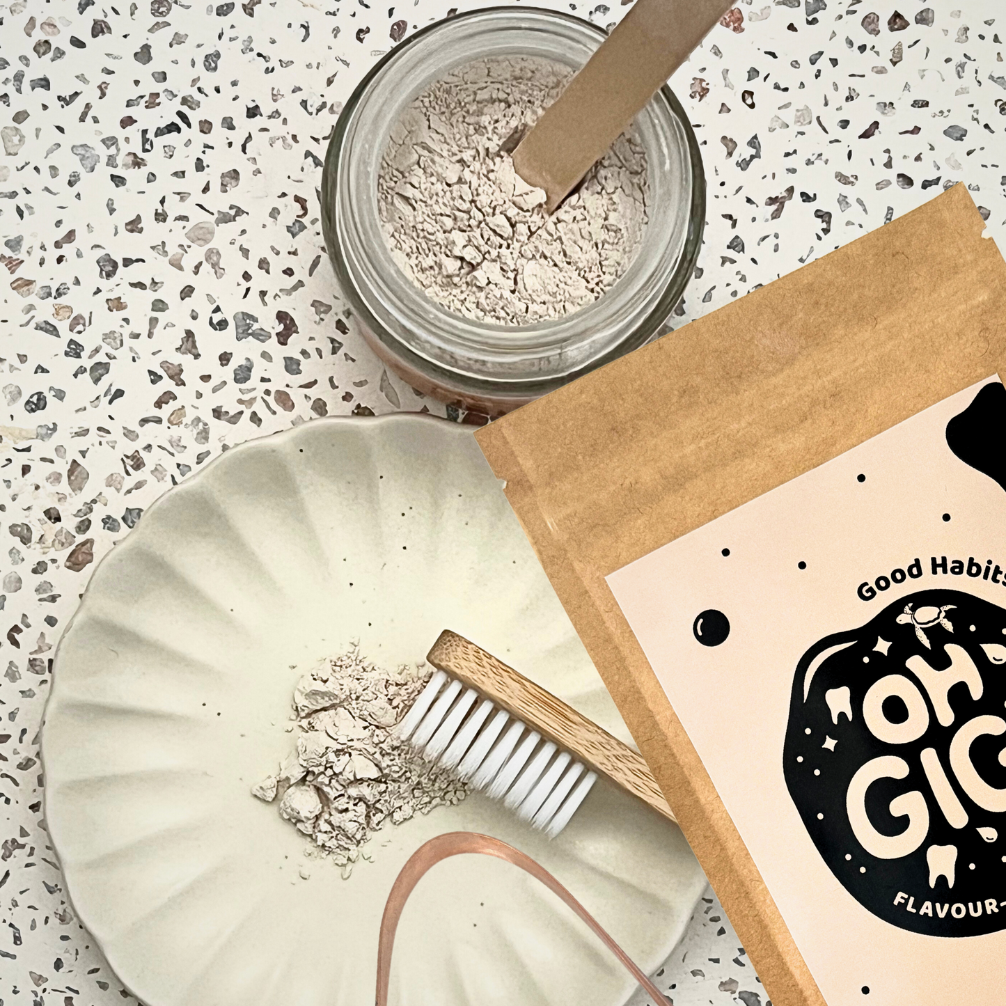 Ultimate Organic Tooth Powder 'Flavour Free Brush' Jar and Refill with a Pure Copper Tongue Cleaner Oral Detox Kit