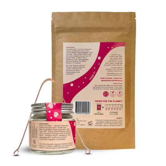 Ultimate Hydroxyapatite Tooth Powder 'Fruity Brush' Jar & Refill with a Pure Copper Tongue Cleaner Oral Detox Kit