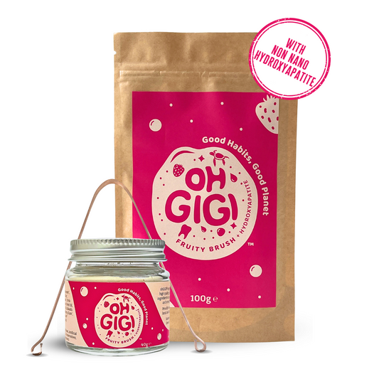 Ultimate Hydroxyapatite Tooth Powder 'Fruity Brush' Jar & Refill with a Pure Copper Tongue Cleaner Oral Detox Kit