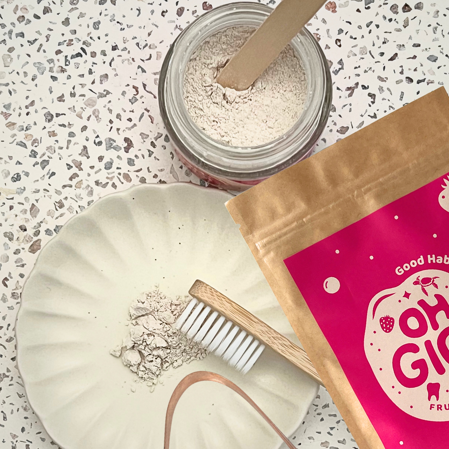 Ultimate Hydroxyapatite Tooth Powder 'Fruity Brush' Jar & Refill with a Pure Copper Tongue Cleaner Oral Detox Kit