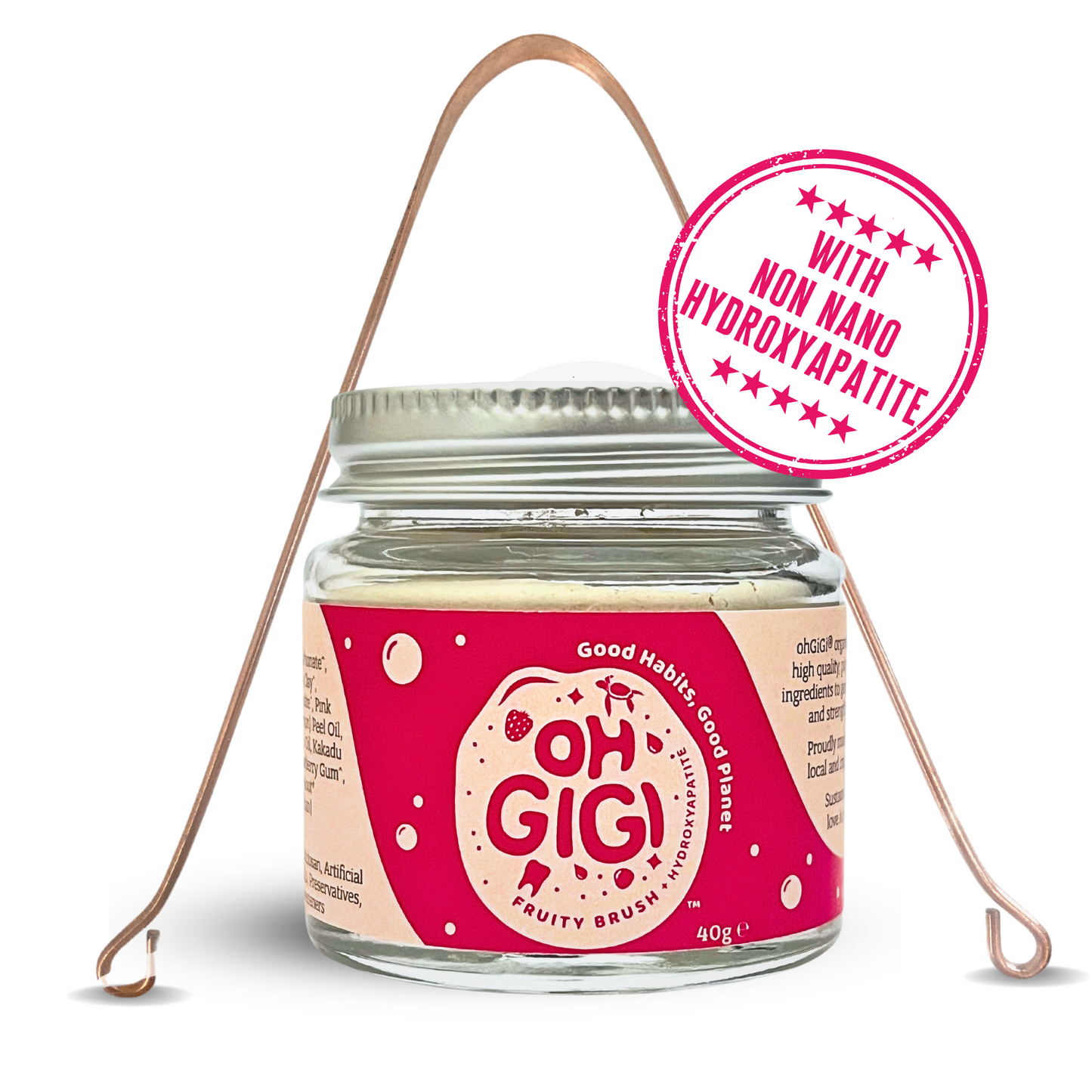 Organic Tooth Powder 'Fruity Brush' + Hydroxyapatite & Pure Copper Tongue Cleaner Oral Detox Kit