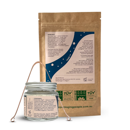 Ultimate Hydroxyapatite Tooth Powder 'Minty Brush' Jar & Refill with a Pure Copper Tongue Cleaner Oral Detox Kit