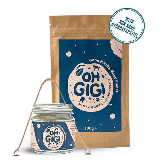 Ultimate Hydroxyapatite Tooth Powder 'Minty Brush' Jar & Refill with a Pure Copper Tongue Cleaner Oral Detox Kit