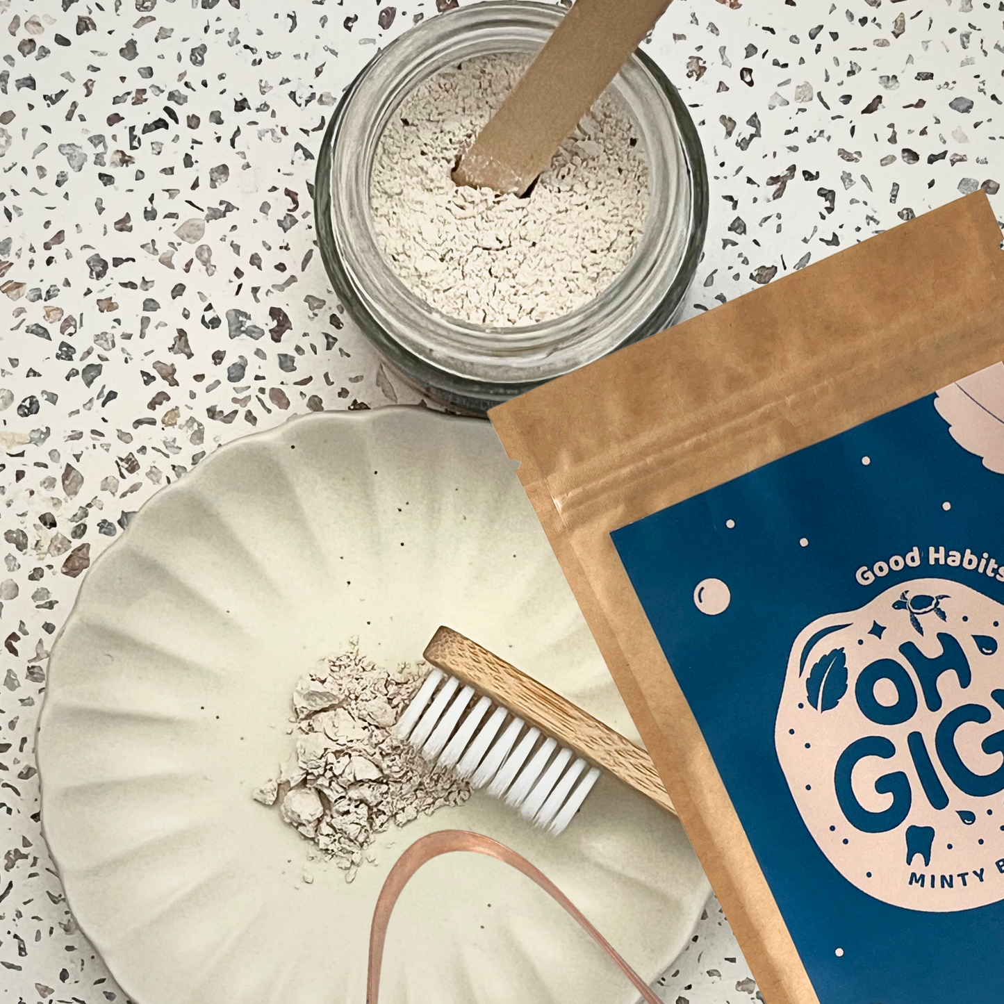 Ultimate Organic Tooth Powder 'Minty Brush' + Hydroxyapatite Jar & Refill with a Pure Copper Tongue Cleaner Oral Detox Kit