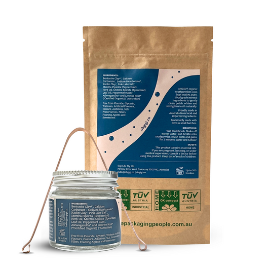 Ultimate Organic Tooth Powder 'Minty Brush' Jar & Refill with a Pure Copper Tongue Cleaner Oral Detox Kit