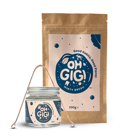 Ultimate Organic Tooth Powder 'Minty Brush' Jar & Refill with a Pure Copper Tongue Cleaner Oral Detox Kit