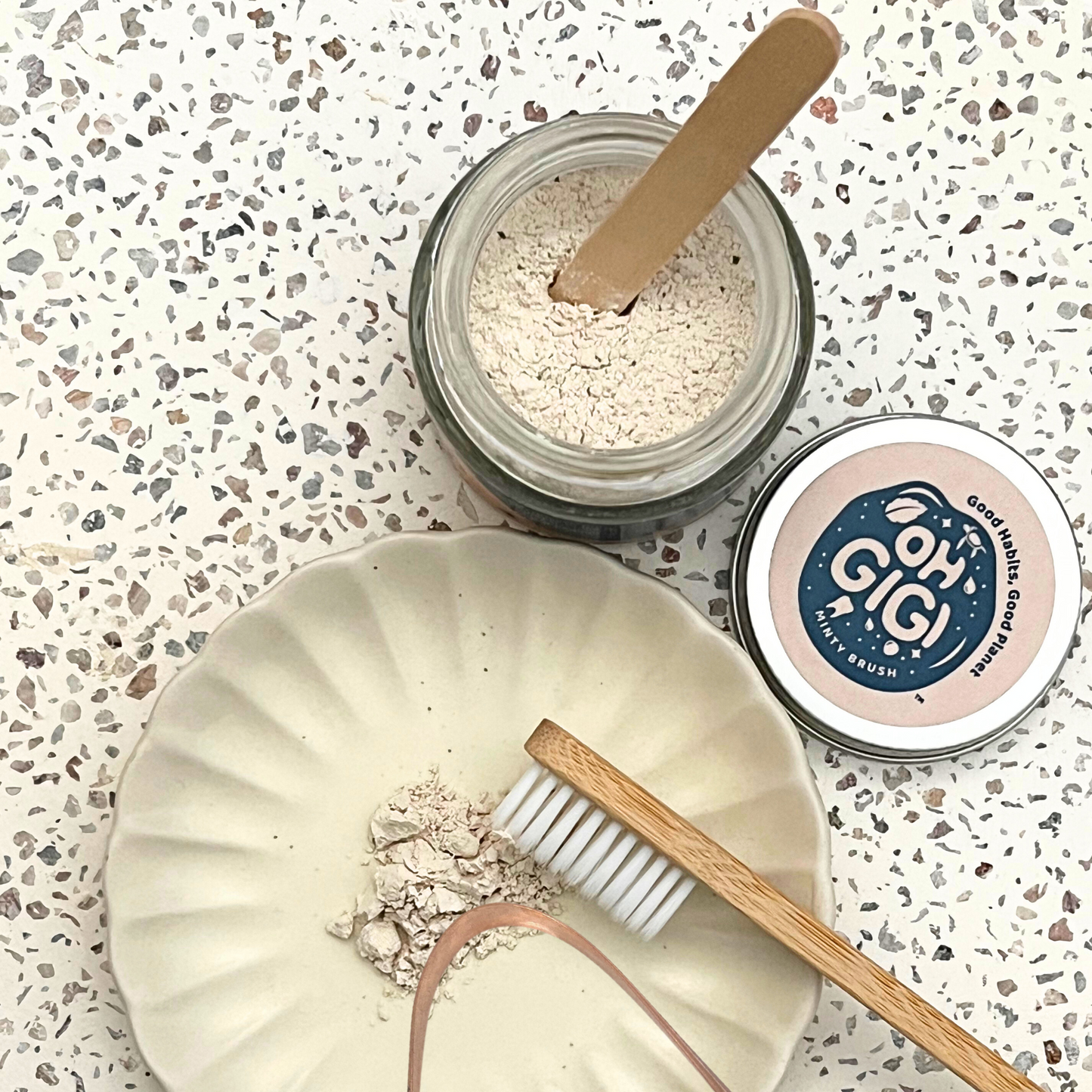 Hydroxyapatite Tooth Powder 'Minty Brush' & Pure Copper Tongue Cleaner Oral Detox Kit