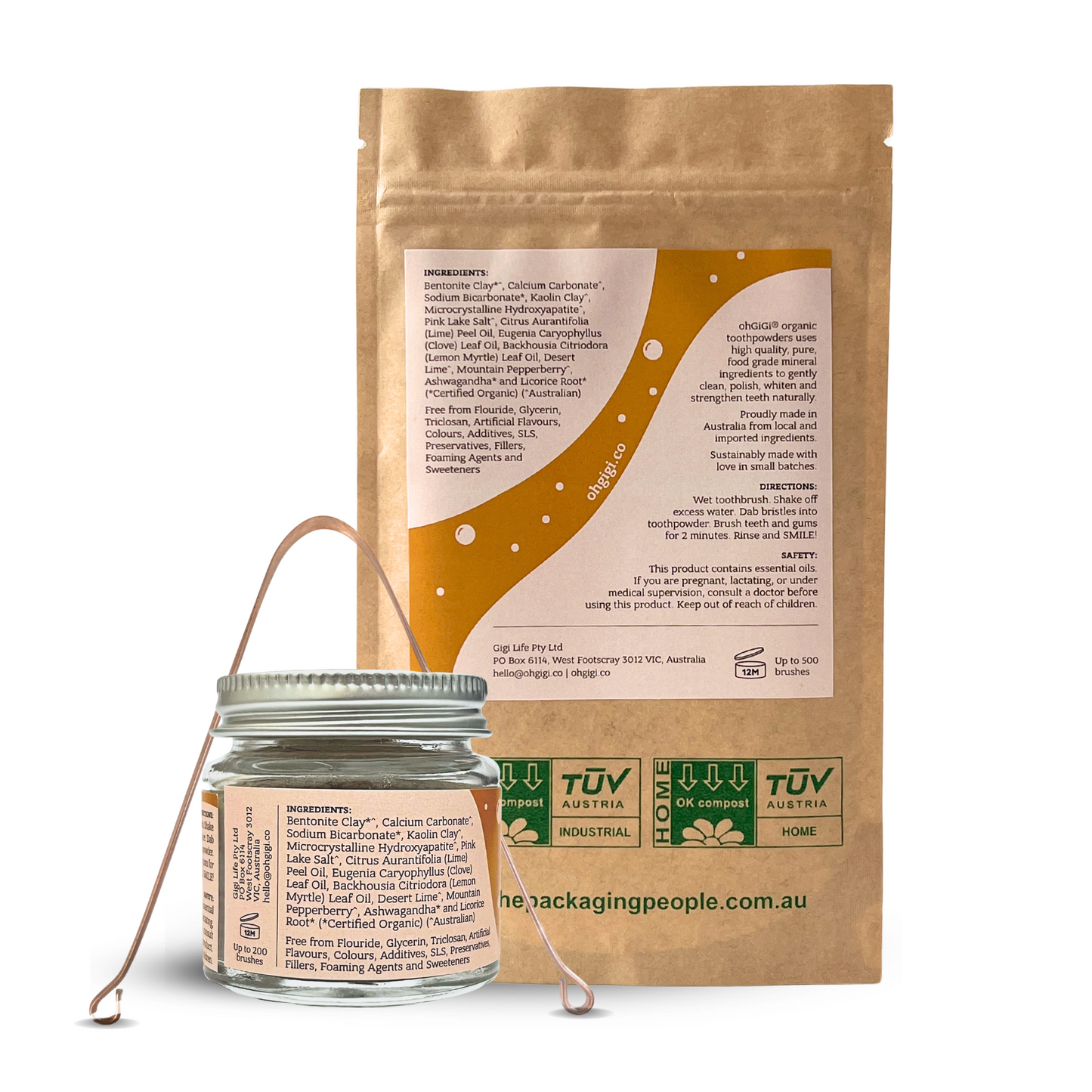 Ultimate Organic Tooth Powder 'Native Brush' + Hydroxyapatite Jar & Refill with a Pure Copper Tongue Cleaner Oral Detox Kit