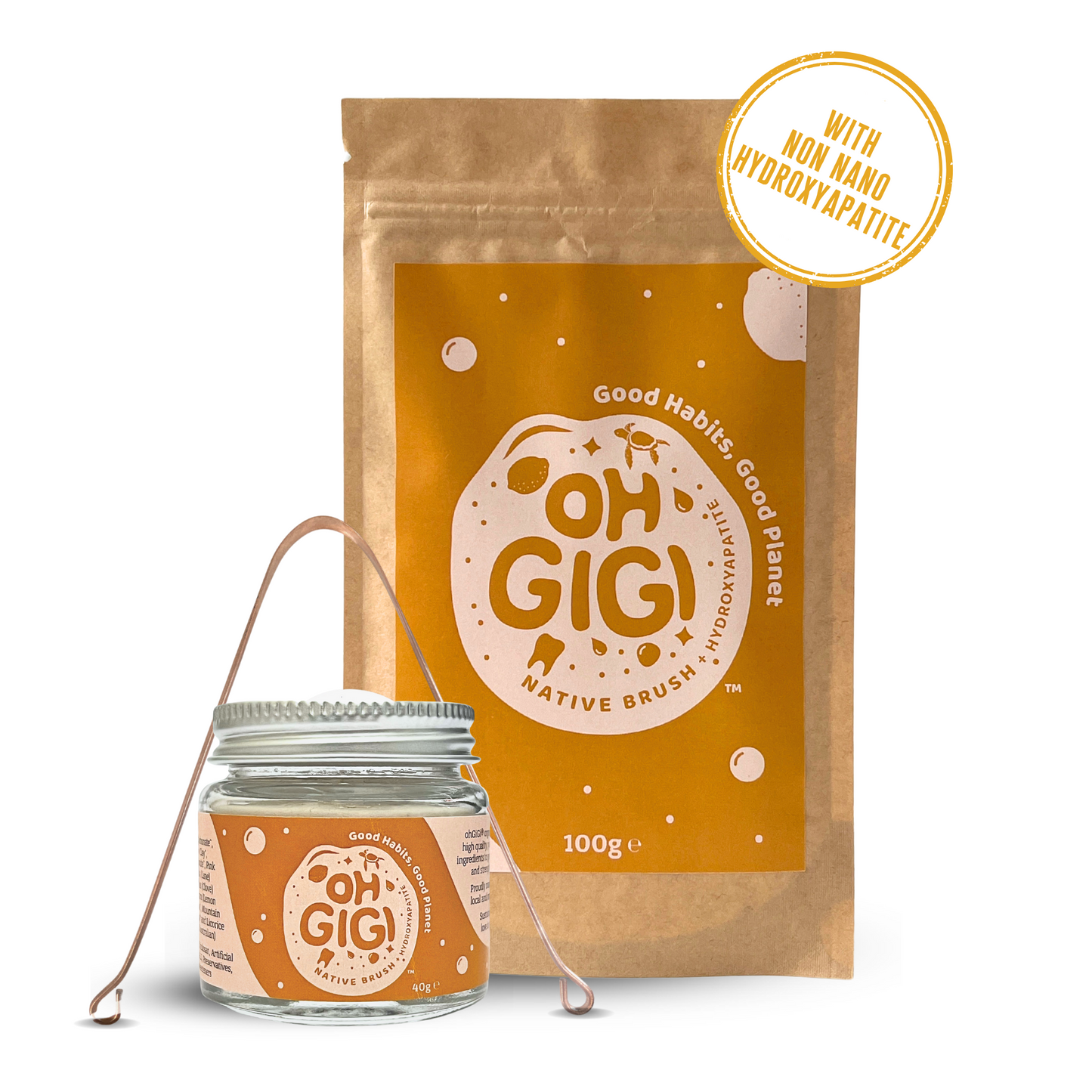 Ultimate Organic Tooth Powder 'Native Brush' + Hydroxyapatite Jar & Refill with a Pure Copper Tongue Cleaner Oral Detox Kit