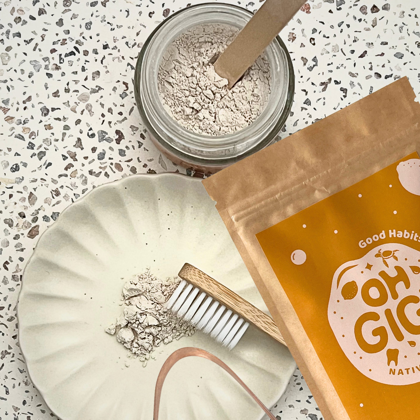 Ultimate Organic Tooth Powder 'Native Brush' + Hydroxyapatite Jar & Refill with a Pure Copper Tongue Cleaner Oral Detox Kit