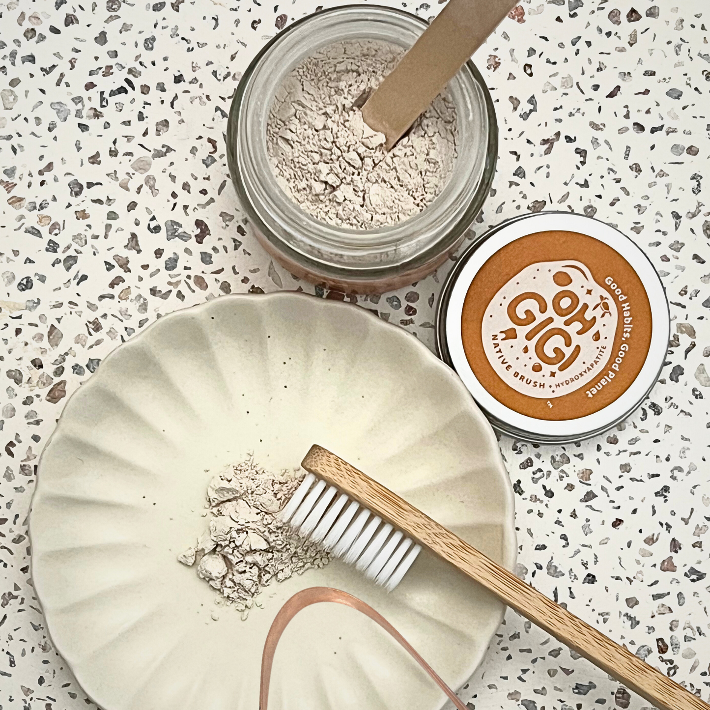 Organic Tooth Powder 'Native Brush' + Hydroxyapatite & Pure Copper Tongue Cleaner Oral Detox Kit