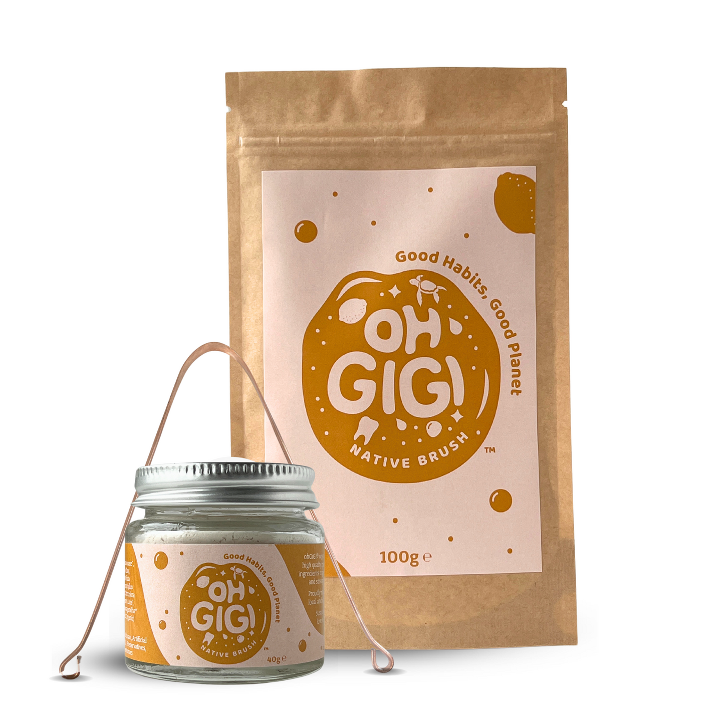 Ultimate Organic Tooth Powder 'Native Brush' Jar & Refill with a Pure Copper Tongue Cleaner Oral Detox Kit