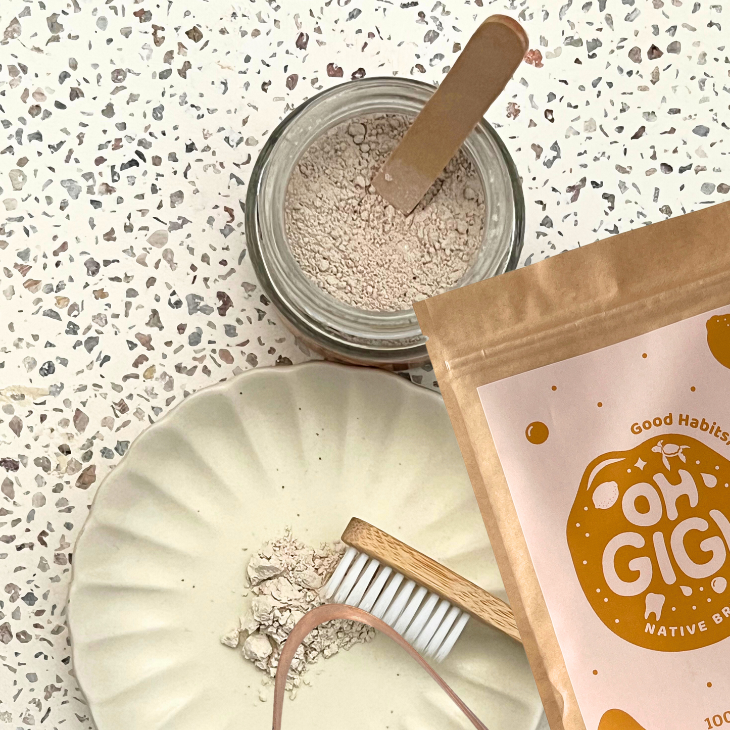 Ultimate Organic Tooth Powder 'Native Brush' Jar & Refill with a Pure Copper Tongue Cleaner Oral Detox Kit