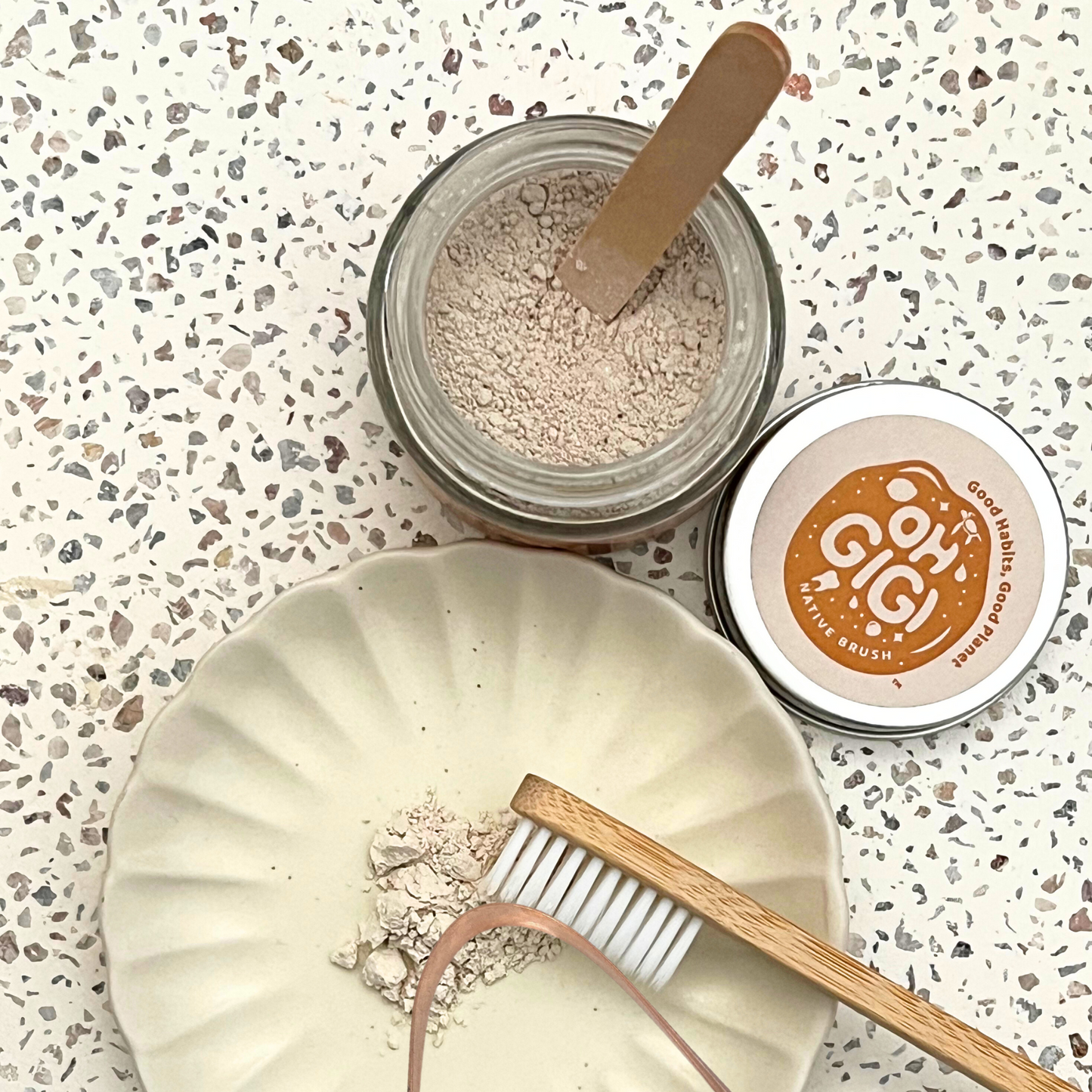 Organic Tooth Powder 'Native Brush' & Pure Copper Tongue Cleaner Oral Detox Kit
