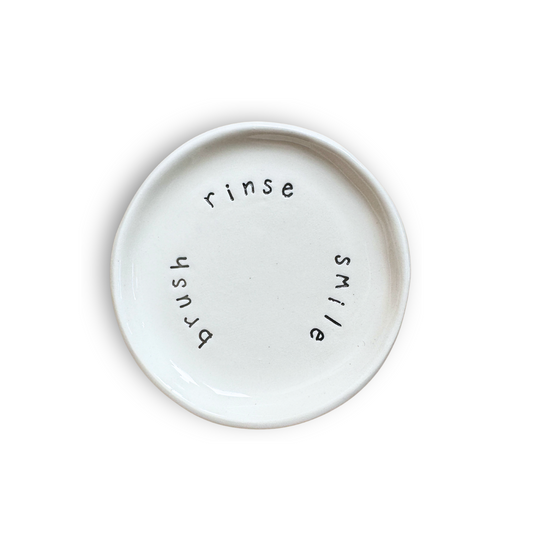 ohGiGi handmade ceramic toothpowder dish with words brush rinse smile white