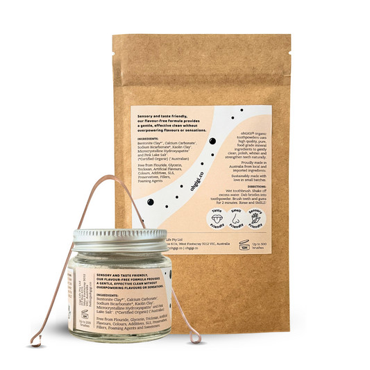 Ultimate Organic Tooth Powder 'Flavour Free Brush' + Hydroxyapatite Jar and Refill with a Pure Copper Tongue Cleaner Oral Detox Kit