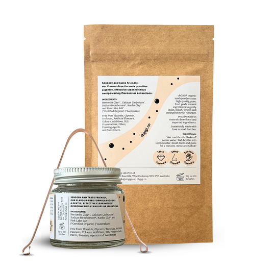 Ultimate Organic Tooth Powder 'Flavour Free Brush' Jar and Refill with a Pure Copper Tongue Cleaner Oral Detox Kit