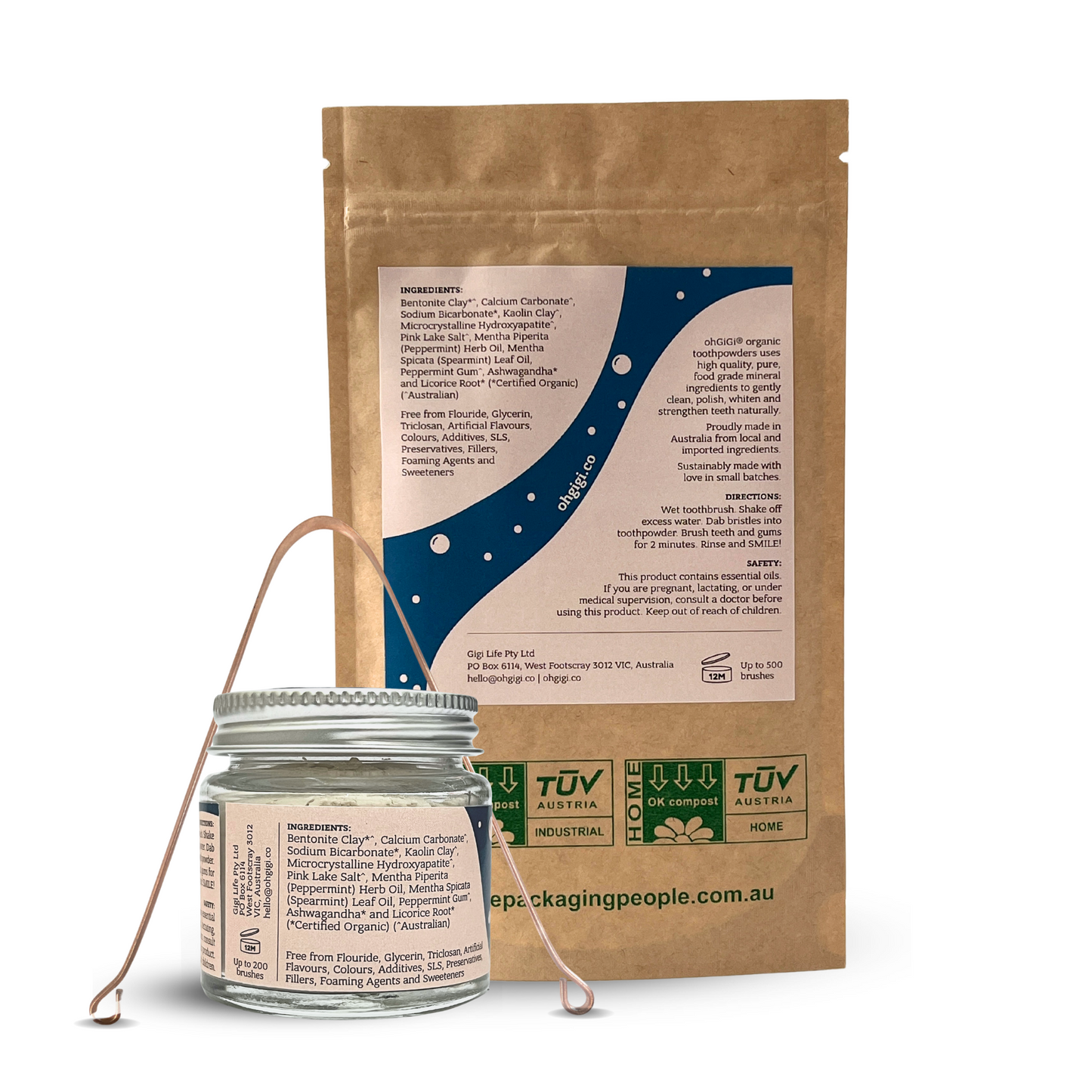 Ultimate Organic Tooth Powder 'Minty Brush + Hydroxyapatite' Jar & Refill with a Pure Copper Tongue Cleaner Oral Detox Kit