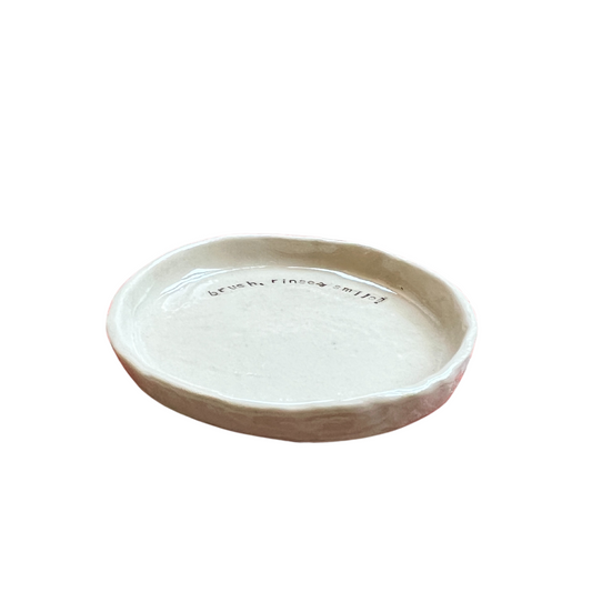 ohGiGi handmade ceramic toothpowder dish with words brush rinse smile white