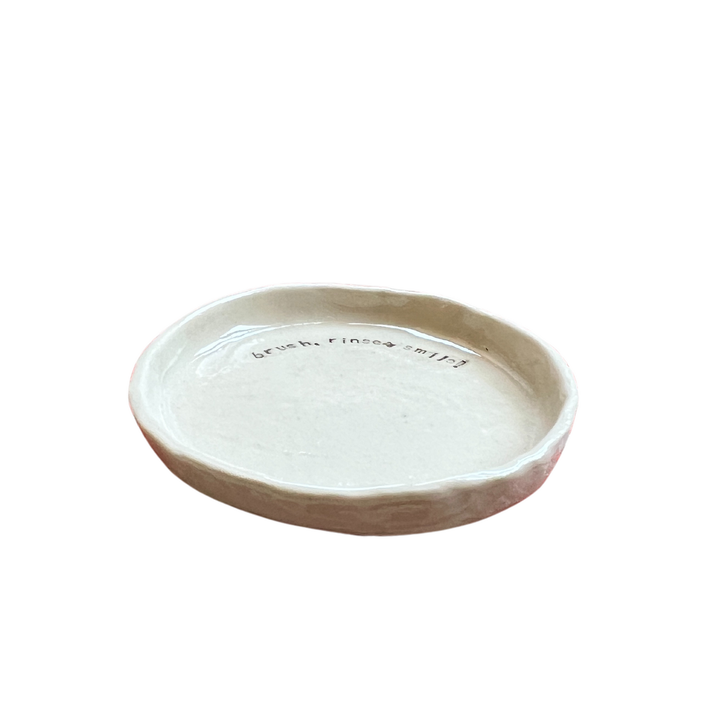 Handmade Ceramic Toothpowder Dish 'Brush, Rinse + Smile!'