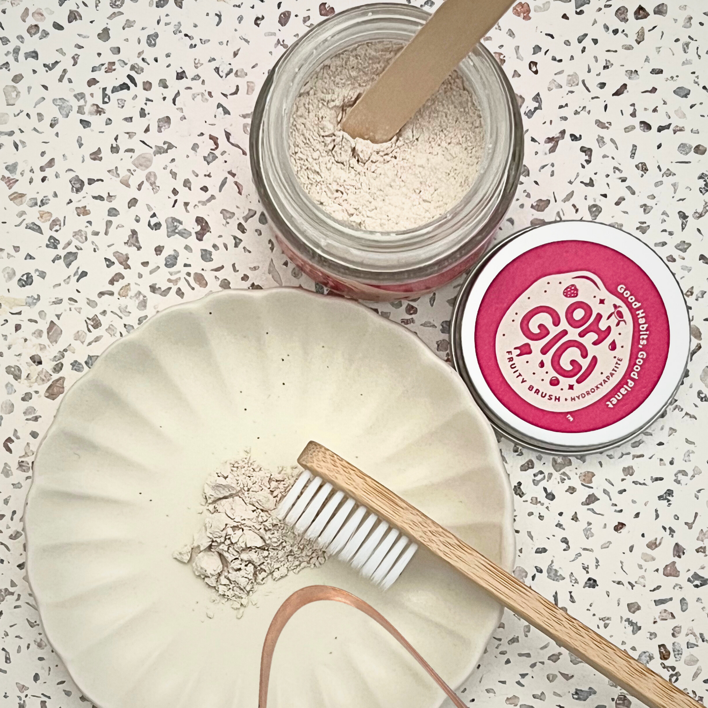 Organic Tooth Powder 'Fruity Brush + Hydroxyapatite' & Pure Copper Tongue Cleaner Oral Detox Kit