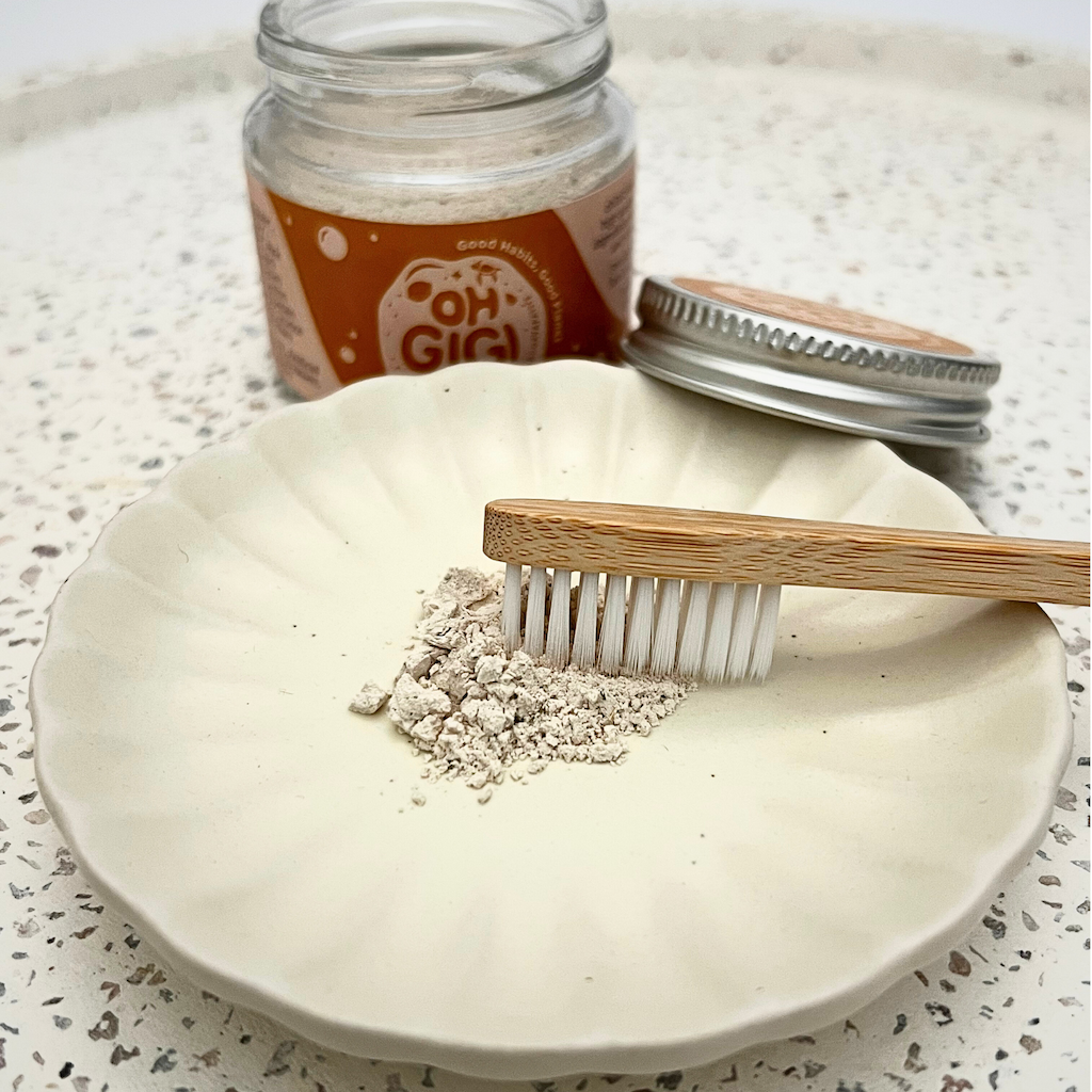 Organic Tooth Powder 'Fruity Brush + Hydroxyapatite' & Pure Copper Tongue Cleaner Oral Detox Kit