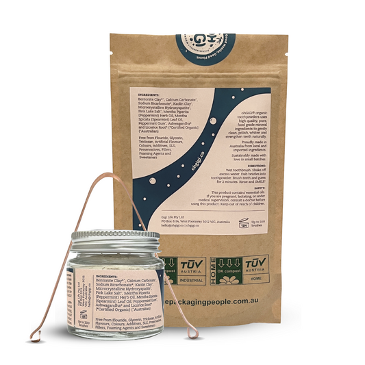 Ultimate Organic Tooth Powder 'Minty Brush + Hydroxyapatite' Jar & Refill with a Pure Copper Tongue Cleaner Oral Detox Kit