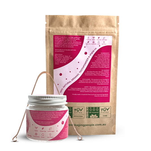 Ultimate Organic Tooth Powder 'Fruity+ Brush' Jar & Refill with a Pure Copper Tongue Cleaner Oral Detox Kit