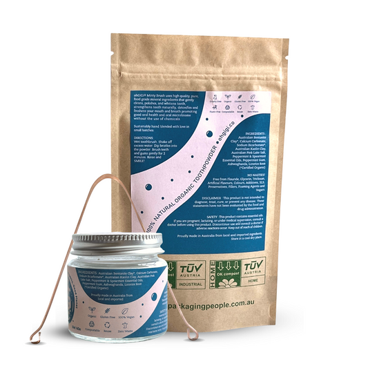 Ultimate Organic Tooth Powder 'Minty Brush' Jar & Refill with a Pure Copper Tongue Cleaner Oral Detox Kit